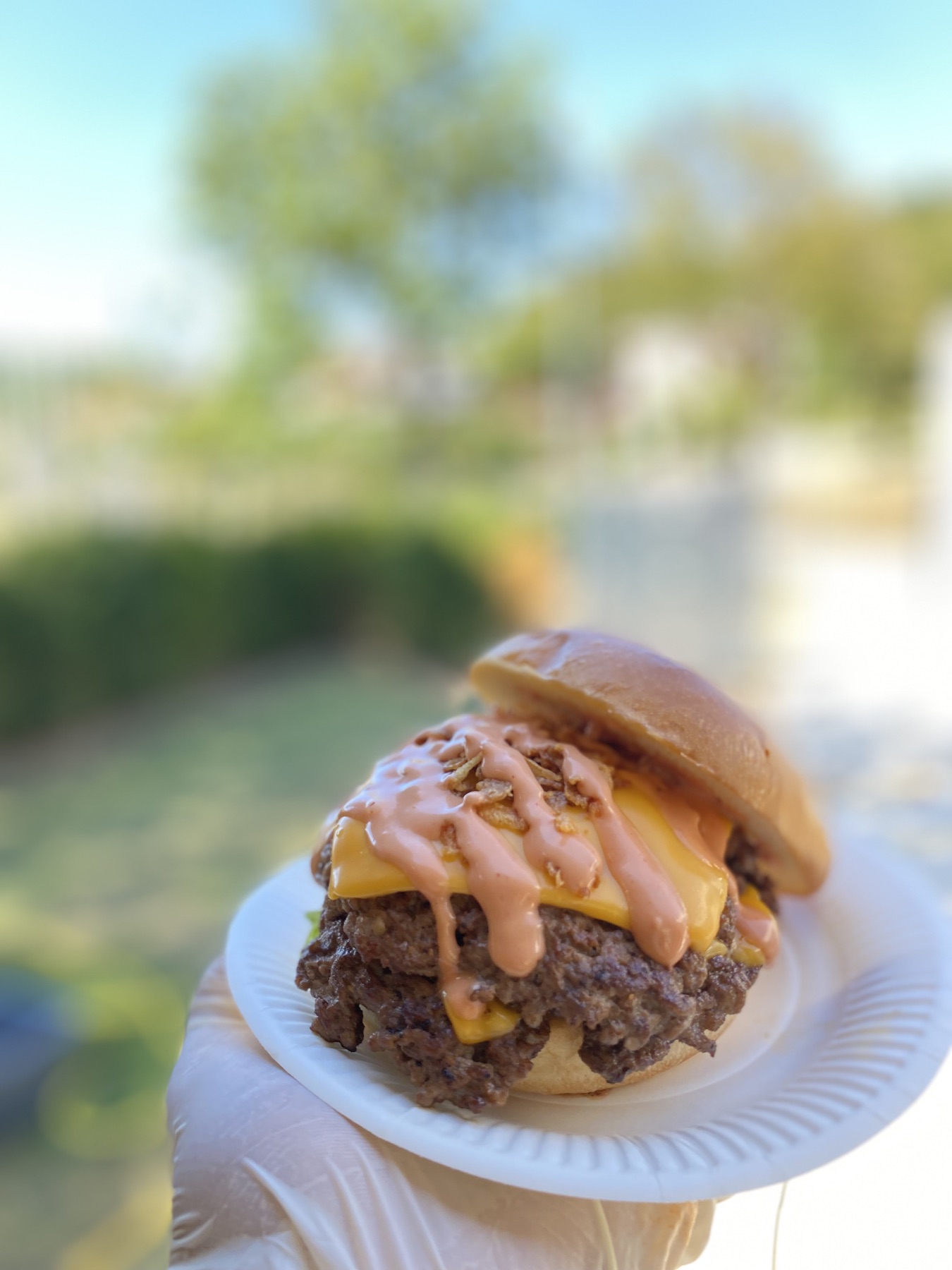 Doppelter Smash Burger mit Käse und Sauce auf einem Pappteller im Sonnenlicht
