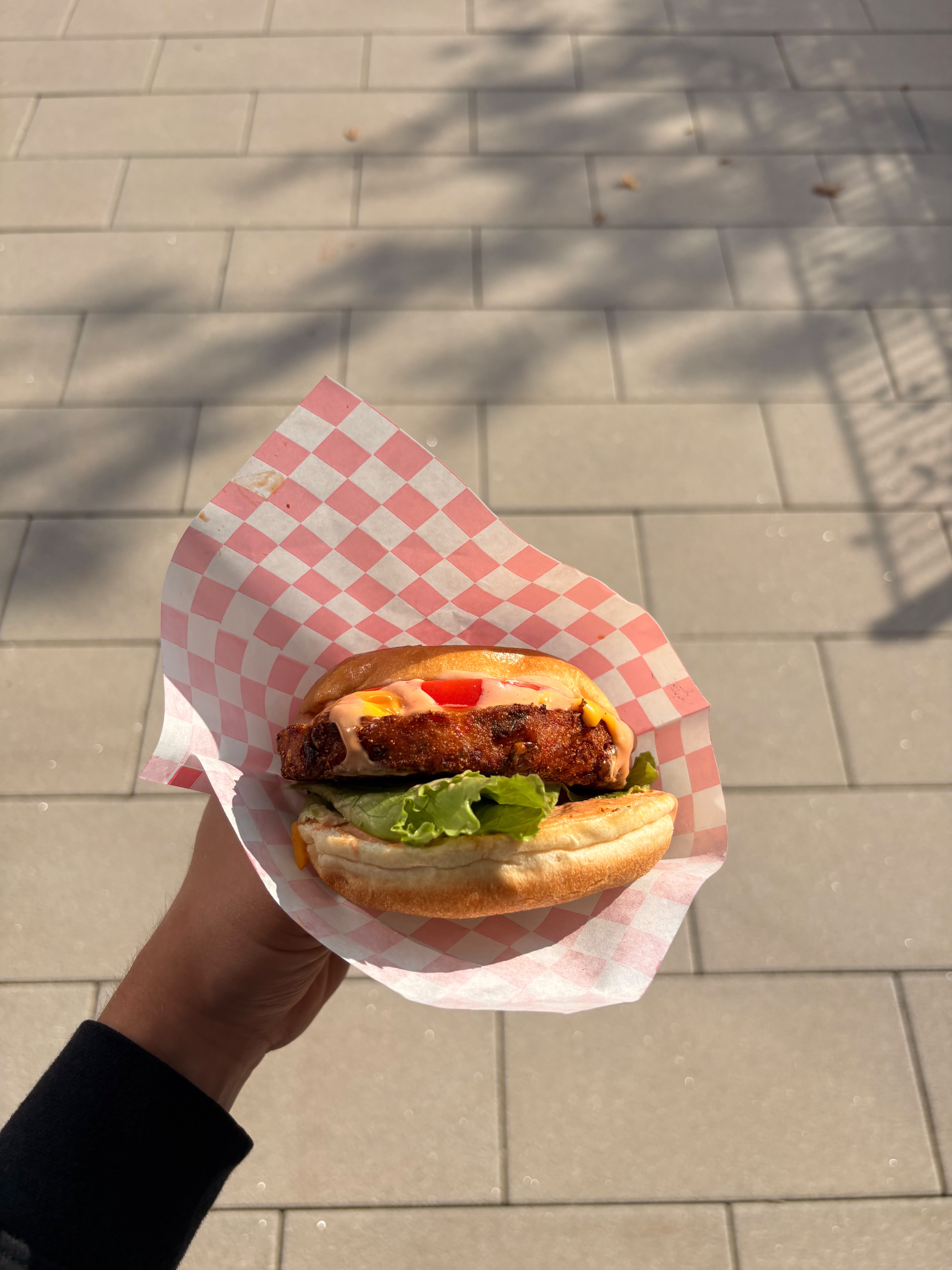 Veggy Burger mit knusprigem Gemüse-Patty, Salat, Käse, Tomate und Sauce
